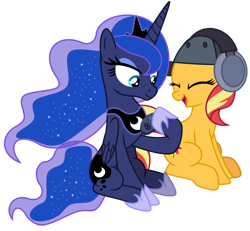 Size: 1024x948 | Tagged: safe, artist:emeraldblast63, princess luna, sunset shimmer, alicorn, pony, unicorn, gamer luna, g4, backwards cutie mark, concave belly, crown, cute, eyes closed, female, gamer, handheld, height difference, hoof shoes, jewelry, lesbian, lidded eyes, lunashimmer, mare, peytral, physique difference, princess shoes, regalia, shimmerbetes, shipping, simple background, sitting, slender, thin, transparent background
