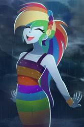 Size: 2160x3264 | Tagged: safe, artist:xan-gelx, rainbow dash, human, equestria girls, equestria girls specials, g4, my little pony equestria girls: better together, my little pony equestria girls: spring breakdown, beautiful, bracelet, braid, clothes, cloud, cloudy, commission, commissioner:ajnrules, cruise outfit, cute, dancing, dashabetes, dress, eyes closed, female, happy, headband, high res, jewelry, multicolored hair, open mouth, ponytail, rain, rainbow dash always dresses in style, sleeveless, sleeveless dress, smiling, solo, stormcloud, wet clothes, wet dress