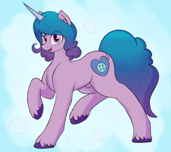 Size: 3396x3012 | Tagged: safe, artist:czu, izzy moonbow, pony, unicorn, g5, backwards cutie mark, colored pupils, ear fluff, eye clipping through hair, female to male, heart, high res, horn, isaac crestie, looking at you, male, nudity, open mouth, raised hoof, rule 63, sheath, sheathed, smiling, solo, stallion, unshorn fetlocks