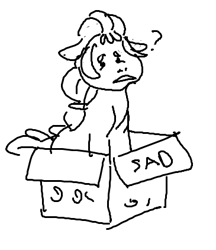 Size: 365x422 | Tagged: safe, artist:alumx, sunny starscout, earth pony, pony, g5, 1000 hours in ms paint, box, cardboard box, looking at you, pleading, pony in a box, question mark, sad, sitting, solo