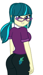 Size: 646x1130 | Tagged: safe, artist:gmaplay, juniper montage, equestria girls, g4, ass, breasts, butt, female, glasses, junibum montage, looking at you, looking back, looking back at you, simple background, smiling, solo, transparent background