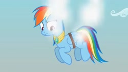 Size: 1280x720 | Tagged: safe, artist:agrol, rainbow dash, pegasus, pony, choose your wings, g4, amulet, amulet of wings, artificial wings, augmented, bandage, bandaged wing, jewelry, magic, magic wings, shocked, smoke, solo, wings