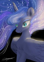 Size: 3000x4200 | Tagged: safe, artist:magnusmagnum, princess luna, alicorn, pony, g4, black background, bust, chest fluff, ethereal mane, eyeshadow, female, looking at something, makeup, mare, portrait, shading, signature, simple background, smiling, solo, style emulation, wings