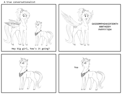 Size: 4250x3300 | Tagged: safe, artist:stray prey, oc, oc only, oc:lucent, oc:veen sundown, horse, pegasus, pony, unicorn, 4 panel comic, clothes, comic, duo, excited, female, gibberish, male, mare, scarf, simple background, size difference, spread wings, stallion, sundown clan, text, white background, wings