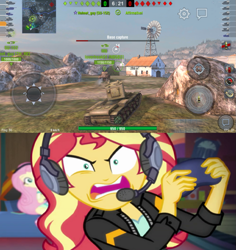 Size: 817x864 | Tagged: safe, artist:edy_january, edit, edited screencap, screencap, fluttershy, sunset shimmer, equestria girls, g4, angry, comparison, controller, duo, duo female, female, kv-2, livestream, meme, multiplayer, online game, open mouth, rage, streaming, sunset shimmer frustrated at game, tell me what you need, wargames, world of tanks, world of tanks blitz