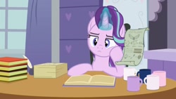 Size: 1280x720 | Tagged: safe, artist:agrol, starlight glimmer, choose your wings, g4, book, bored, desk, hoof on chin, scroll