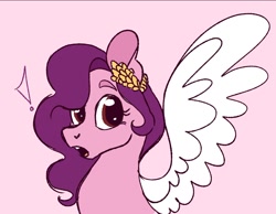 Size: 1042x809 | Tagged: safe, artist:woollily, pipp petals, pegasus, pony, g5, :o, bust, exclamation point, female, looking at you, mare, open mouth, pink background, red eyes, red-eyed pipp, simple background, solo