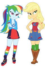 Size: 1722x2718 | Tagged: safe, artist:gmaplay, applejack, rainbow dash, equestria girls, g4, bare shoulders, clothes, energy drink, formula 1, racing suit, rainbow socks, red bull, simple background, sleeveless, socks, strapless, striped socks, transparent background