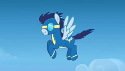 Size: 1280x720 | Tagged: safe, artist:agrol, soarin', pegasus, pony, choose your wings, g4, clothes, flying, goggles, male, solo, stallion, uniform, wings, wonderbolts, wonderbolts uniform