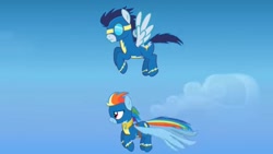 Size: 1280x720 | Tagged: safe, artist:agrol, rainbow dash, soarin', pegasus, pony, choose your wings, g4, amulet, amulet of wings, artificial wings, augmented, bandage, bandaged wing, clothes, duo, jewelry, magic, magic wings, uniform, wings, wonderbolts, wonderbolts uniform