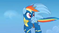 Size: 1280x720 | Tagged: safe, artist:agrol, rainbow dash, pegasus, pony, choose your wings, g4, amulet, amulet of wings, artificial wings, augmented, bandage, bandaged wing, clothes, jewelry, large wings, looking back, magic, magic wings, smiling, solo, uniform, wings, wonderbolts, wonderbolts uniform