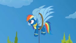 Size: 1280x720 | Tagged: safe, artist:agrol, rainbow dash, pegasus, pony, choose your wings, g4, amulet, amulet of wings, artificial wings, augmented, bandage, bandaged wing, clothes, concerned, hoop, jewelry, magic, magic wings, solo, stuck, uniform, wings, wonderbolts uniform