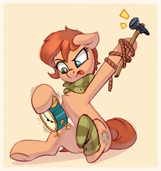 Size: 2790x2950 | Tagged: safe, artist:taneysha, oc, oc only, oc:rusty gears, earth pony, pony, alarm clock, clock, clothes, female, hammer, heterochromia, high res, hoof attachment, scarf, sitting, sock, solo, tongue out