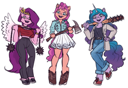 Size: 1600x1100 | Tagged: safe, artist:king-kakapo, izzy moonbow, pipp petals, sunny starscout, earth pony, pegasus, unicorn, anthro, unguligrade anthro, g5, axe, badass, ball and chain, barbed wire, baseball bat, breasts, clothes, female, hand on hip, legit, looking at you, none of you are safe, open mouth, open smile, red eyes, red-eyed pipp, simple background, skirt, slasher smile, smiling, smiling at you, spread wings, trio, trio female, weapon, white background, wings