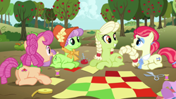 Size: 1280x720 | Tagged: safe, screencap, apple rose, auntie applesauce, granny smith, sew 'n sow, earth pony, pony, apple family reunion, g4, cutie mark, female, flashback, lying down, prone, quilt, spanish description, young apple rose, young auntie applesauce, young granny smith, younger