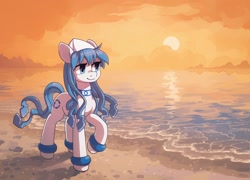 Size: 2032x1462 | Tagged: safe, artist:koviry, part of a set, earth pony, pony, beach, commission, female, ika musume, mare, ponified, raised hoof, scenery, smiling, solo, squid girl, sun, water, ych result