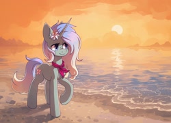 Size: 2032x1462 | Tagged: safe, artist:koviry, part of a set, oc, oc only, pony, unicorn, beach, commission, raised hoof, scenery, smiling, solo, sun, water, ych result