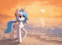 Size: 2032x1462 | Tagged: safe, artist:koviry, part of a set, oc, oc only, oc:clairvoyance, pony, unicorn, beach, blackletter, commission, raised hoof, scenery, smiling, solo, sun, water, ych result