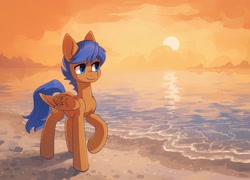 Size: 2032x1462 | Tagged: safe, artist:koviry, part of a set, oc, oc only, oc:crushingvictory, pegasus, pony, beach, commission, orange background, raised hoof, scenery, simple background, smiling, solo, sun, water, ych result