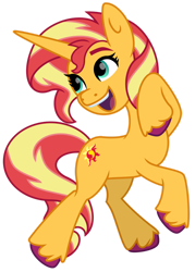 Size: 1024x1429 | Tagged: safe, artist:emeraldblast63, sunset shimmer, pony, unicorn, g4, g5, backwards cutie mark, bushy brows, colored hooves, female, g4 to g5, looking back, mare, simple background, solo, transparent background, unshorn fetlocks