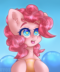 Size: 2000x2400 | Tagged: safe, artist:etoz, pinkie pie, earth pony, pony, g4, balloon, blushing, ethereal mane, eyebrows, female, high res, looking at something, mare, open mouth, sky, solo, starry eyes, starry mane, wingding eyes