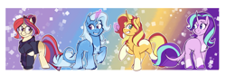 Size: 5457x1801 | Tagged: safe, artist:maikatystar, moondancer, starlight glimmer, sunset shimmer, trixie, classical unicorn, pony, unicorn, g4, blaze (coat marking), chest fluff, clothes, cloven hooves, coat markings, colored hooves, cup, curved horn, facial markings, female, glasses, glowing horn, high res, horn, leonine tail, looking at each other, magic, mare, markings, pale belly, raised hoof, raised leg, smiling, socks (coat markings), star (coat marking), sweater, teacup, telekinesis, unshorn fetlocks