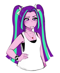 Size: 1243x1507 | Tagged: safe, artist:screebs, aria blaze, equestria girls, g4, ariabetes, breasts, cleavage, clothes, cute, female, jewelry, multicolored hair, necklace, pigtails, purple eyes, simple background, sleeveless, solo, twintails, white background, wristband