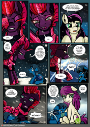 Size: 2480x3508 | Tagged: safe, artist:dsana, fizzlepop berrytwist, tempest shadow, oc, oc:lullaby dusk, oc:thistledown, earth pony, pegasus, pony, unicorn, comic:a storm's lullaby, g4, armor, bandage, bandaged leg, bandaged wing, comic, crying, crystal armor, female, filly, glowing eyes, high res, horn, lightning, mare, sad, scar, snow, snowfall, tempest gets her horn back, wings
