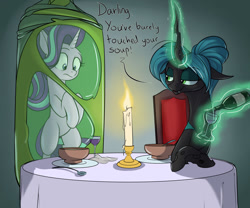 Size: 1280x1067 | Tagged: safe, artist:rocket-lawnchair, queen chrysalis, starlight glimmer, changeling, changeling queen, pony, unicorn, g4, alcohol, bottle, candle, candlelight dinner, cocoon, dinner, female, food, levitation, magic, soup, telekinesis, wine, wine bottle