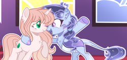 Size: 1280x610 | Tagged: safe, artist:auroranovasentry, oc, oc only, oc:lavender skies, oc:violet, changepony, hybrid, pony, unicorn, bipedal, duo, duo female, female, interspecies offspring, mare, offspring, open mouth, parent:fluttershy, parent:pharynx, parent:trixie, parents:phartrix