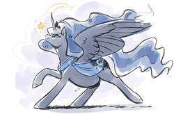 Size: 2188x1436 | Tagged: safe, artist:nsfwbonbon, princess luna, alicorn, pony, belly, big belly, clothes, explicit source, female, mare, pregluna, pregnant, running, shawl, simple background, sketch, smiling, solo, stars, white background, wings
