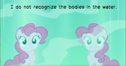 Size: 1329x704 | Tagged: safe, edit, edited screencap, screencap, pinkie pie, earth pony, pony, g4, too many pinkie pies, clone, female, mirror pool, scp, scp foundation, scp-2316, self paradox, self ponidox, text, you do not recognize the bodies in the water