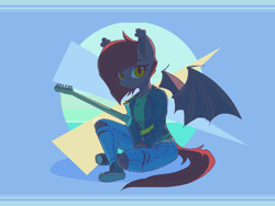 Size: 800x600 | Tagged: safe, artist:phi, oc, oc only, oc:trešen, bat pony, anthro, abstract background, backlighting, clothes, converse, female, guitar, looking at you, musical instrument, shoes, solo