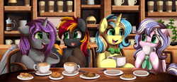 Size: 3717x1729 | Tagged: safe, artist:pridark, oc, oc only, alicorn, pegasus, pony, unicorn, alicorn oc, bowtie, cafe, chest fluff, coffee, cup, drinking, food, horn, smiling, spoon, teacup, teaspoon, wings