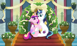 Size: 1095x657 | Tagged: safe, artist:julie25609, princess cadance, shining armor, alicorn, pony, unicorn, a canterlot wedding, g4, horn, horn jewelry, horn ring, hug, jewelry, marriage, ring, wedding, wedding ring