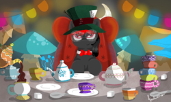 Size: 403x242 | Tagged: safe, artist:julie25609, oc, earth pony, pony, mad hatter, spoon, sugarcube, teapot