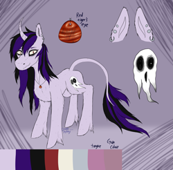 Size: 3035x2985 | Tagged: safe, artist:drakeastley, oc, oc:lurid shadow, classical unicorn, ghost, pony, undead, unicorn, cloven hooves, high res, horn, jewelry, leonine tail, pendant, piercing, reference sheet, unshorn fetlocks