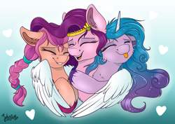 Size: 4093x2894 | Tagged: safe, artist:julunis14, izzy moonbow, pipp petals, sunny starscout, earth pony, pegasus, pony, unicorn, g5, :p, adorapipp, cute, eyes closed, female, high res, hug, izzybetes, mare, sunnybetes, tongue out, winghug, wings