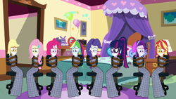 Size: 5326x2994 | Tagged: safe, artist:brightstar40k, applejack, fluttershy, pinkie pie, rainbow dash, rarity, sci-twi, starlight glimmer, sunset shimmer, twilight sparkle, equestria girls, g4, bondage, bound and gagged, cloth gag, clothes, gag, help us, humane five, humane seven, humane six, long dress, long skirt, nightgown, rope, rope bondage, skirt, sleepover, slumber party, tied to chair, tied up