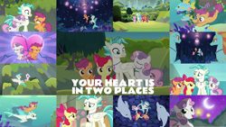 Size: 1280x721 | Tagged: safe, edit, edited screencap, editor:quoterific, screencap, apple bloom, cerulean kingfisher, coral dust, coral sunburst, cucumber bubbles, laguna, misty shores, morning horizon, poppy seagrass, scootaloo, sundown horizon, sweetie belle, terramar, dolphin, earth pony, hippogriff, pegasus, pony, seapony (g4), unicorn, g4, surf and/or turf, angry, bow, bubble, crescent moon, crossed arms, crossed hooves, cutie mark crusaders, dorsal fin, duo, duo female, female, fin, fin wings, fins, fish tail, flowing mane, flowing tail, harmonizing heights, heartbreak, hoof on chest, male, moon, night, nose in the air, ocean, open mouth, raised hoof, scootaloo is not amused, sea-mcs, seaponified, seapony apple bloom, seapony scootaloo, seapony sweetie belle, seaquestria, singing, species swap, sweetie belle is not amused, swimming, tail, trio, unamused, under the sea, underwater, unnamed character, unnamed seapony, water, wings, your heart is in two places