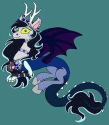 Size: 1024x1172 | Tagged: safe, artist:rosefang16, oc, oc only, oc:midnight mayhem, draconequus, hybrid, draconequus oc, female, green background, interspecies offspring, offspring, parent:discord, parent:princess luna, parents:lunacord, simple background, solo, yellow sclera