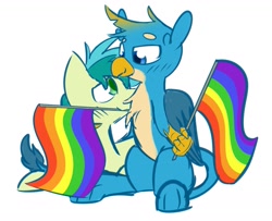 Size: 1823x1477 | Tagged: safe, artist:nevaylin, gallus, sandbar, earth pony, griffon, pony, g4, colored sketch, gay, interspecies, male, pride flag, ship:gallbar, shipping