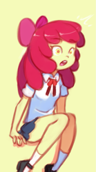 Size: 669x1200 | Tagged: safe, artist:drantyno, apple bloom, human, equestria girls, g4, clothes, open mouth, school uniform, shoes, simple background, skirt, socks, yellow background