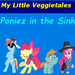 Size: 316x316 | Tagged: safe, artist:cartoonfan22, apple bloom, pinkie pie, rainbow dash, snips, g4, 1000 hours in ms paint, boyz in the sink, colt, female, filly, foal, hat, male, mare, simple background, sunglasses, veggietales