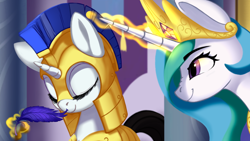 Size: 1006x569 | Tagged: safe, artist:lunebat, edit, princess celestia, alicorn, pony, unicorn, g4, armor, cropped, cute, cutelestia, digital art, duo, duo female, eyes closed, feather, female, glowing, glowing horn, guardsmare, horn, levitation, magic, magic aura, mare, nose wrinkle, prank, royal guard, scrunchy face, sillestia, silly, sleeping, sleeping on the job, smiling, telekinesis, tickling, trollestia