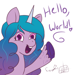 Size: 1200x1200 | Tagged: safe, artist:erynerikard, izzy moonbow, pony, unicorn, g5, colored horn, digital art, female, fetlock tuft, gradient mane, horn, mare, open mouth, smiling, solo, waving