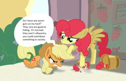 Size: 1664x1080 | Tagged: safe, artist:soshyqqq, artist:thor-disciple, edit, applejack, strawberry sunrise, earth pony, pegasus, pony, g4, honest apple, abuse, angry, apple, applejack's hat, bucket, cowboy hat, crying, crying on the outside, duo, duo female, female, food, gritted teeth, hat, jackabuse, moral event horizon, strawberry savage, taunting, tears of anger, teary eyes, teeth, that pony sure does hate apples, tied up
