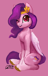 Size: 1600x2560 | Tagged: safe, artist:raphaeldavid, pipp petals, pegasus, pony, g5, eyelashes, female, looking at you, one eye closed, open mouth, open smile, pink background, red eyes, red-eyed pipp, signature, simple background, sitting, smiling, smiling at you, solo, wink, winking at you, wrong eye color