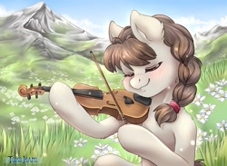 Size: 1300x950 | Tagged: safe, artist:tokokami, oc, oc only, oc:connie bloom, pony, austria, edelweiss, euro bronycon, flower, mountain, musical instrument, scenery, solo, violin