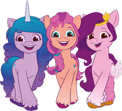 Size: 300x272 | Tagged: safe, izzy moonbow, pipp petals, sunny starscout, earth pony, pegasus, pony, unicorn, g5, female, looking at you, mare, open mouth, red eyes, red-eyed pipp, simple background, smiling, transparent background, wrong eye color